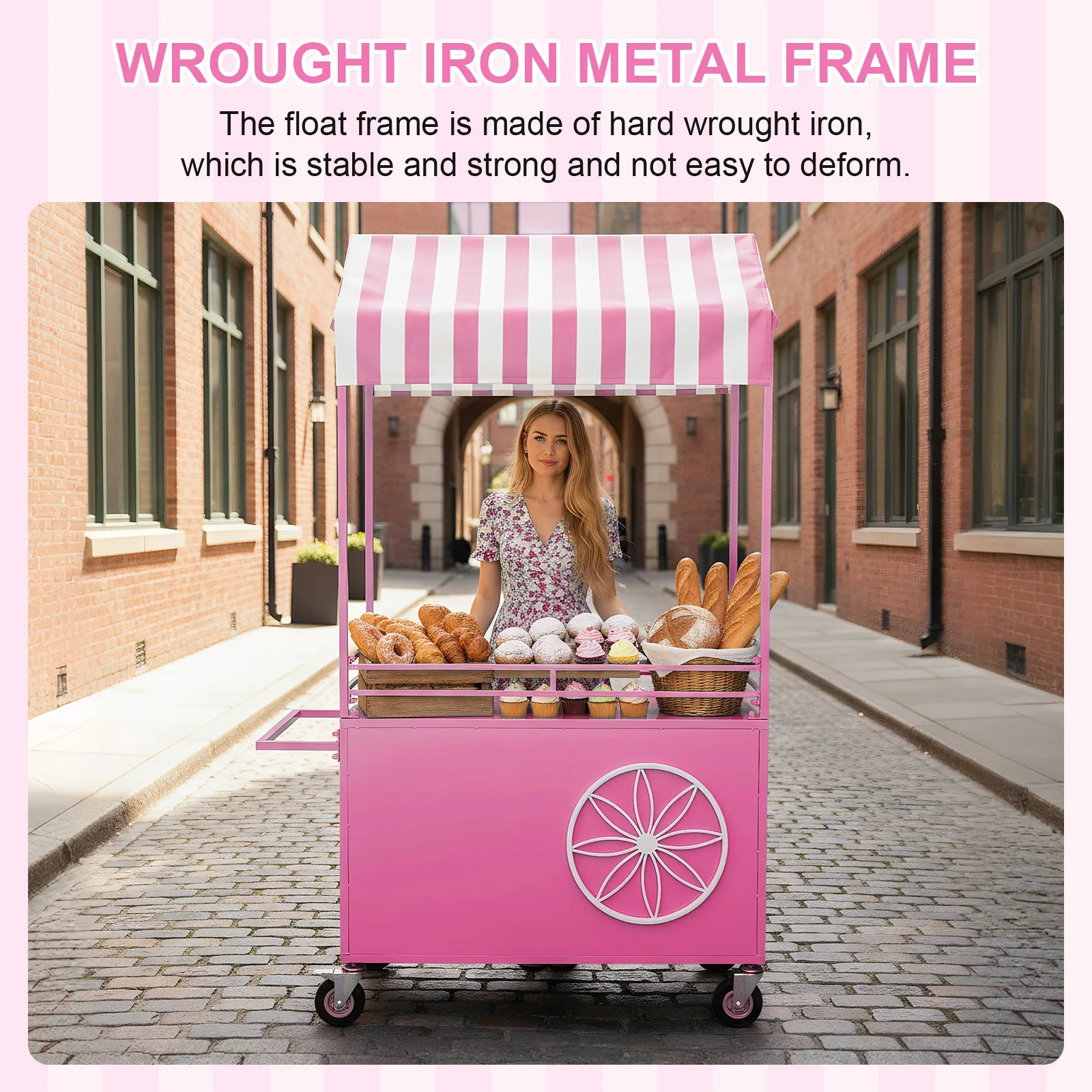 Candy Cart Display Stand with Lockable Wheels Vending Stand Kiosk Display Trolley with Canopy for Fairs Festivals and Events
Candy Cart Display Stand with Lockable Wheels Vending Stand Kiosk Display Trolley with Canopy for Fairs Festivals and Events