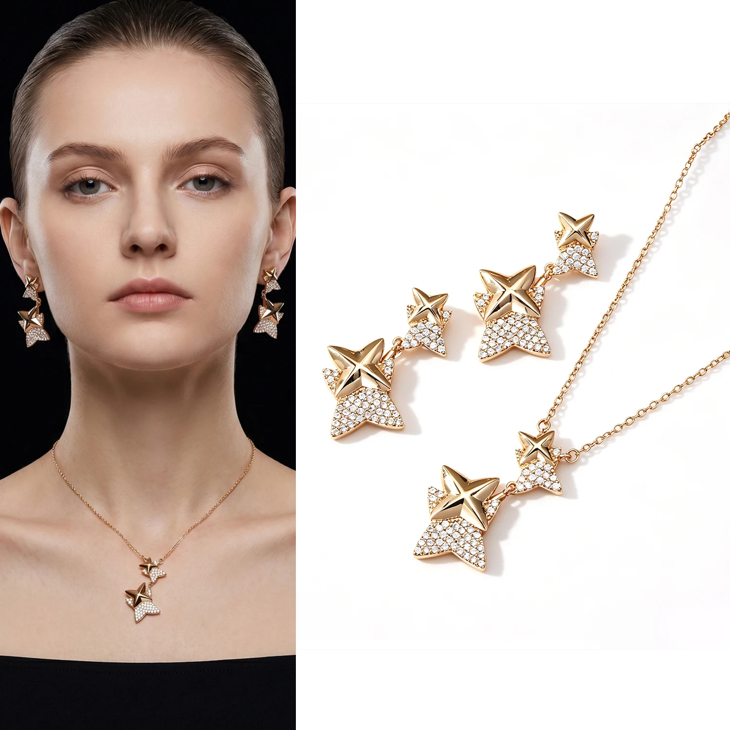 Women Gold Plated Double Star Zircon Jewelry Set Necklace Earrings Minimalist Elegant Statement Fashion Jewelry Gift for Her Dai
Women Gold Plated Double Star Zircon Jewelry Set Necklace Earrings Minimalist Elegant Statement Fashion Jewelry Gift for Her Dai