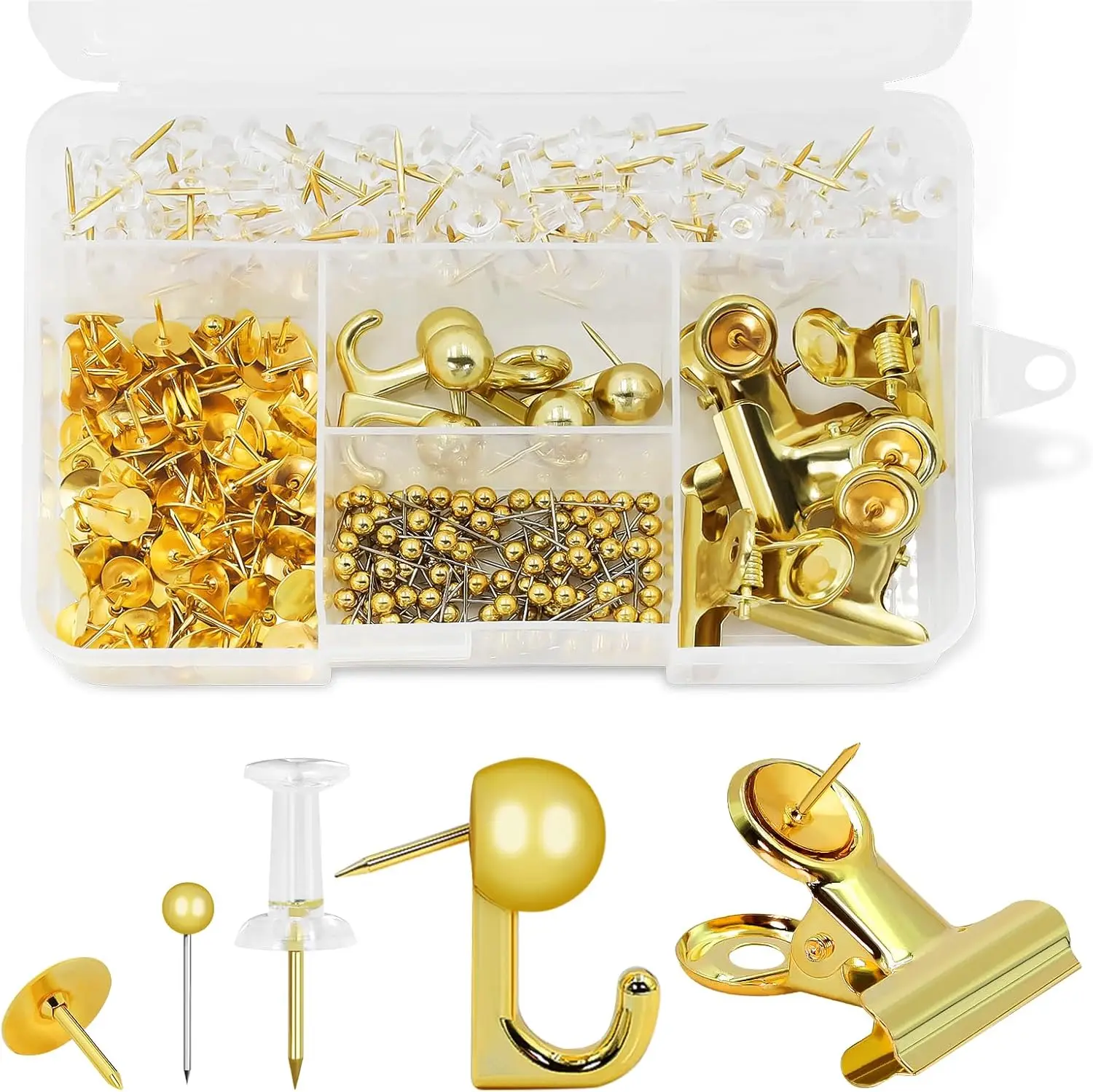 310 Pcs Gold Push Pins Set with Hooks & Clips for Cork Board, 5 Styles Office Thumb Tacks in Storage Box
310 Pcs Gold Push Pins Set with Hooks & Clips for Cork Board, 5 Styles Office Thumb Tacks in Storage Box