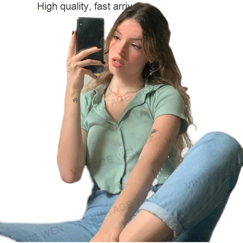 Style Retro American Short Green Lapel Knitted Short-Sleeved T-shirt Women's BM Style Hot Girl Top
Style Retro American Short Green Lapel Knitted Short-Sleeved T-shirt Women's BM Style Hot Girl Top