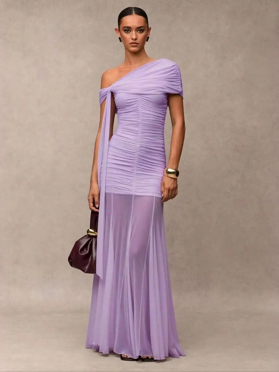 Lavender One-Shoulder Ruched Evening Gown With Flowing A-Line Skirt
Lavender One-Shoulder Ruched Evening Gown With Flowing A-Line Skirt