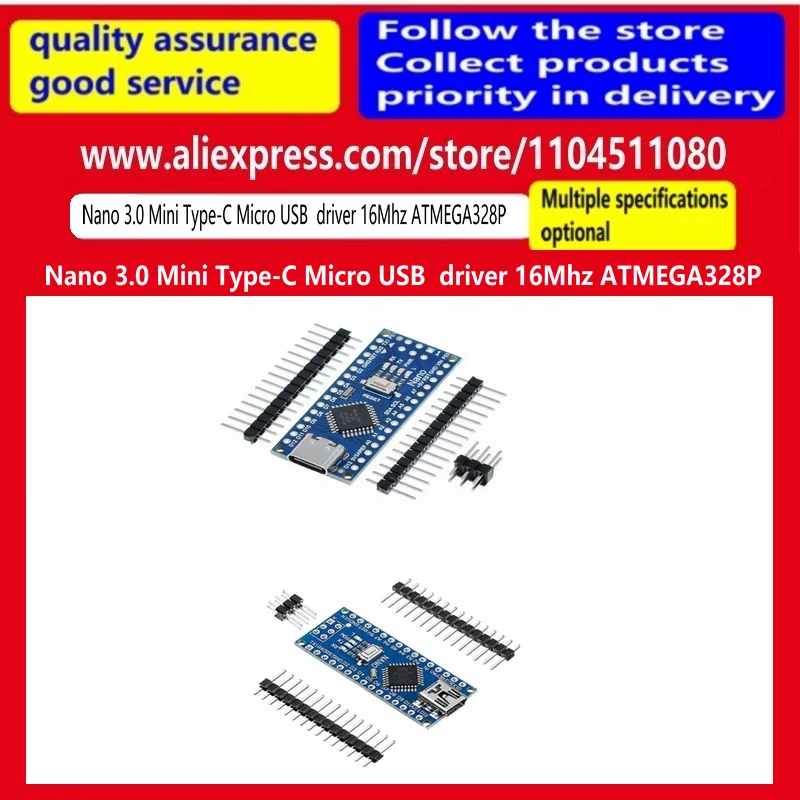 Nano 3.0 Mini Type-C Micro USB With the bootloader compatible controller for arduino CH340 USB driver 16Mhz ATMEGA328P
Nano 3.0 Mini Type-C Micro USB With the bootloader compatible controller for arduino CH340 USB driver 16Mhz ATMEGA328P