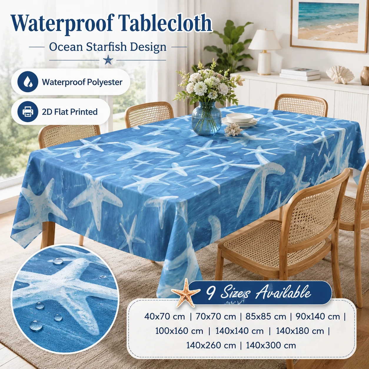 Blue Ocean Starfish Tablecloth Waterproof Polyester 2D Flat Printed Table Cover For Kitchen Dining Room Outdoor Picnic Party
Blue Ocean Starfish Tablecloth Waterproof Polyester 2D Flat Printed Table Cover For Kitchen Dining Room Outdoor Picnic Party