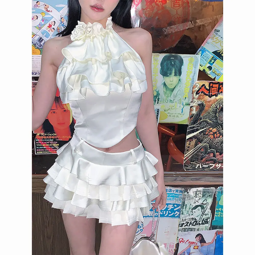 Spicy Girl Sexy Halter Top White Strap Tank Top+Cake Short Skirt Set Spring/Summer Japanese Sweet Chic Women Suit Two Piece
Spicy Girl Sexy Halter Top White Strap Tank Top+Cake Short Skirt Set Spring/Summer Japanese Sweet Chic Women Suit Two Piece