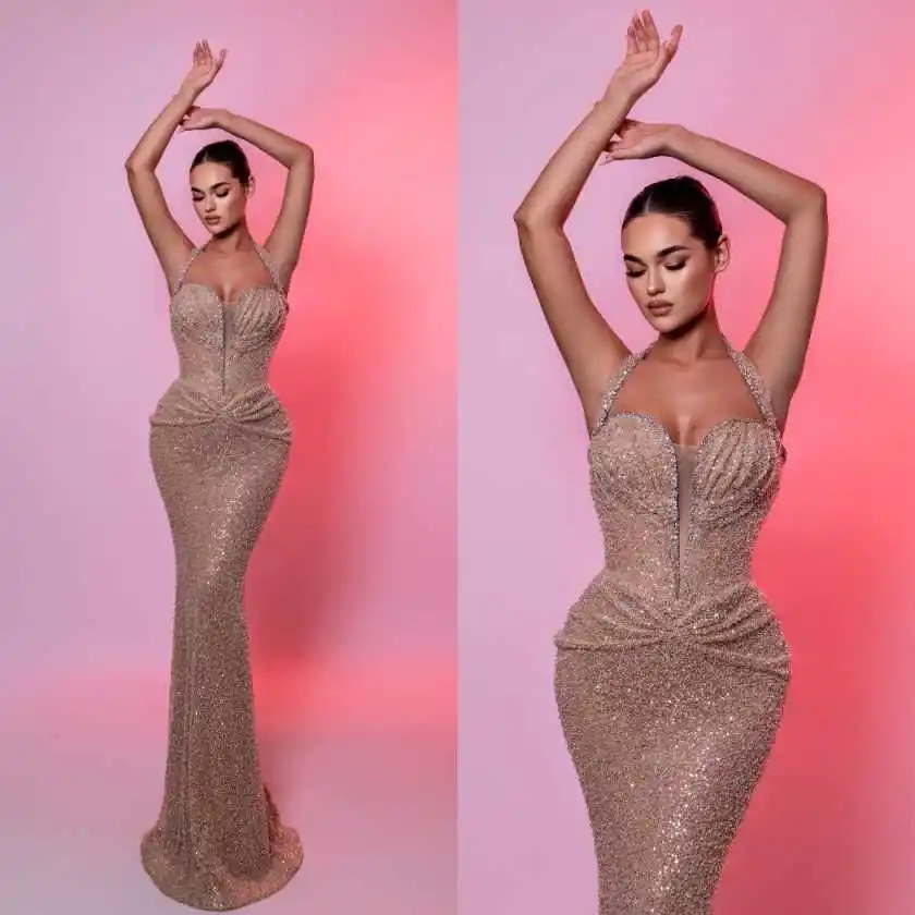 Shiny Customized Mermaid Prom Dresses Halter Neck Sleeveless Evening Gowns Sequins Special Occsion Party Dresses For Women
Shiny Customized Mermaid Prom Dresses Halter Neck Sleeveless Evening Gowns Sequins Special Occsion Party Dresses For Women