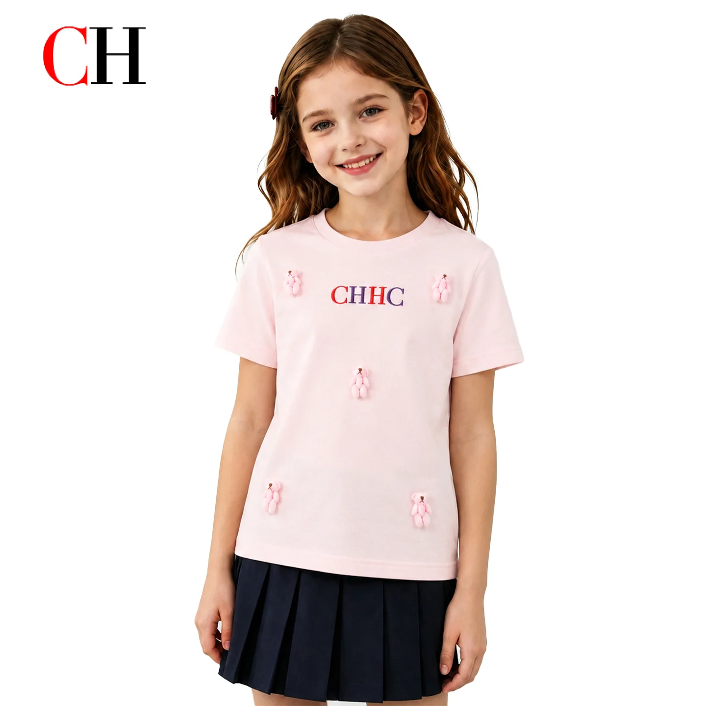 CH Girls Pink Short Sleeve T-shirt 3D Bear Doll CHHC Letter Embroidery Round Neck Casual Summer Kids Cute Daily Tops
CH Girls Pink Short Sleeve T-shirt 3D Bear Doll CHHC Letter Embroidery Round Neck Casual Summer Kids Cute Daily Tops