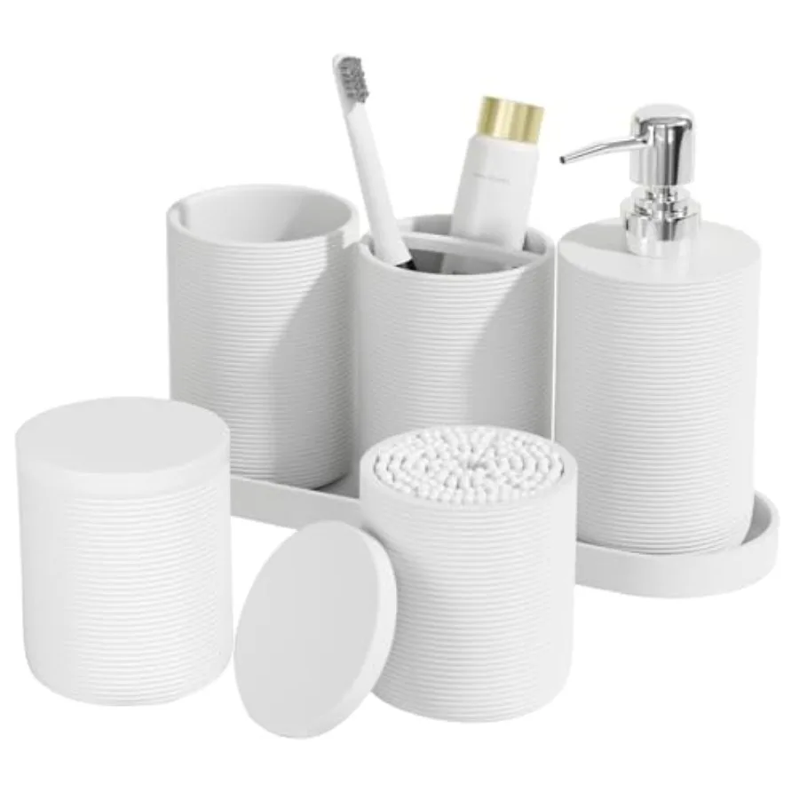 6-Piece Bathroom Accessory Set Resin, Bath Accessories Complete with Toothbrush Holder, Lotion Soap Dispenser, 2 Qtip Holders,
6-Piece Bathroom Accessory Set Resin, Bath Accessories Complete with Toothbrush Holder, Lotion Soap Dispenser, 2 Qtip Holders,