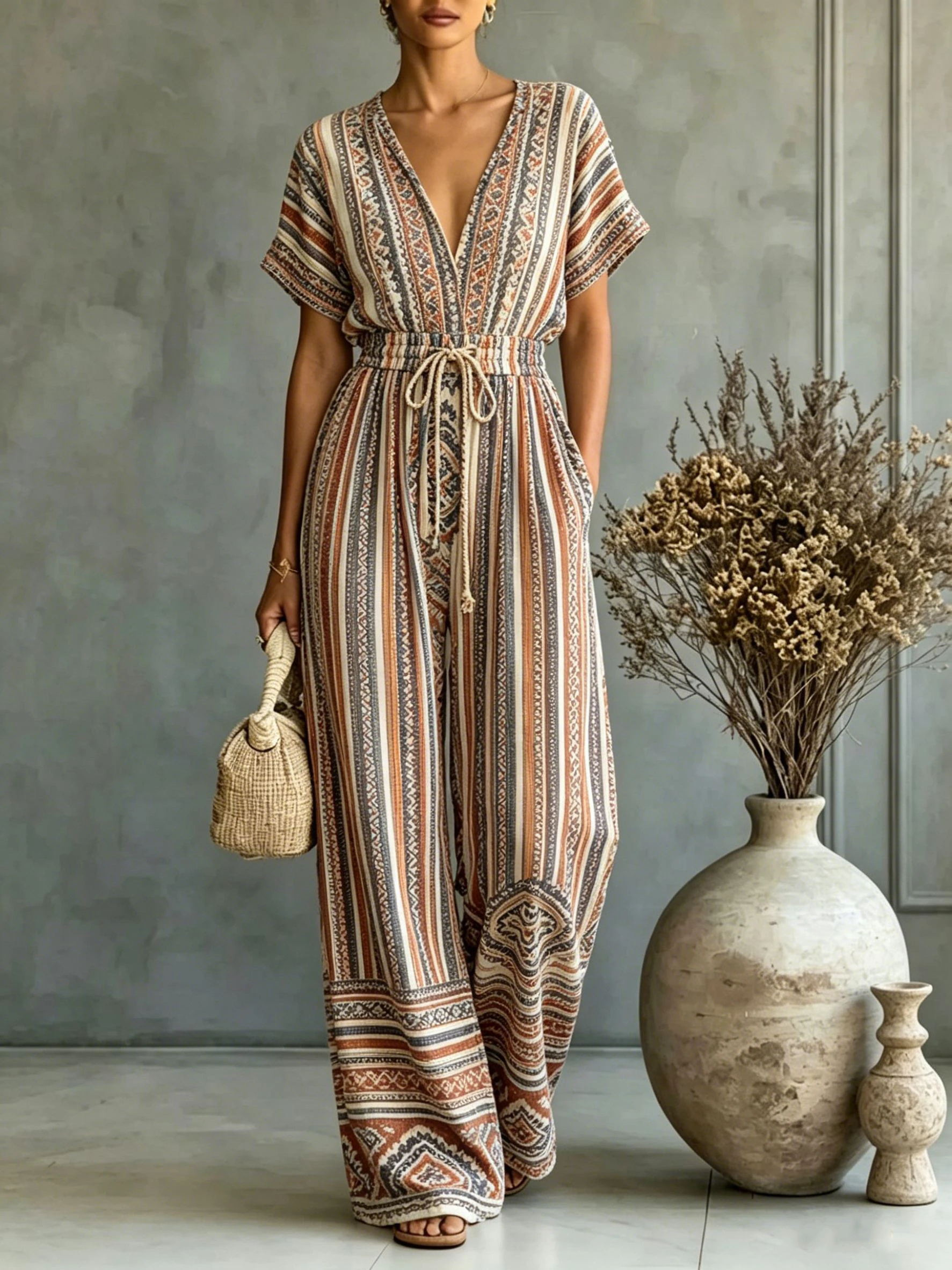 Bohemian Stripe Printed Women 2 Piece Sets Outfits Summer Chic Halter Neck Sleeveless V-Neck Tank Top Loose Wide Leg Pants Set
Bohemian Stripe Printed Women 2 Piece Sets Outfits Summer Chic Halter Neck Sleeveless V-Neck Tank Top Loose Wide Leg Pants Set