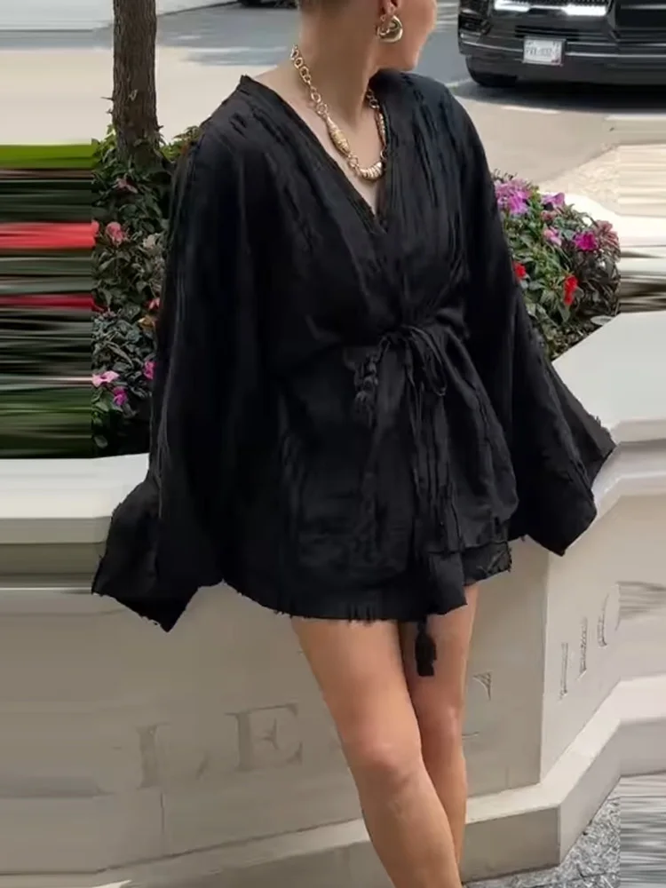 Casual Black Women's Coat Long Sleeve Belt Open Stitch Loose Female Coat Loungewear And Short Pant Spring Summer Soft Home
Casual Black Women's Coat Long Sleeve Belt Open Stitch Loose Female Coat Loungewear And Short Pant Spring Summer Soft Home