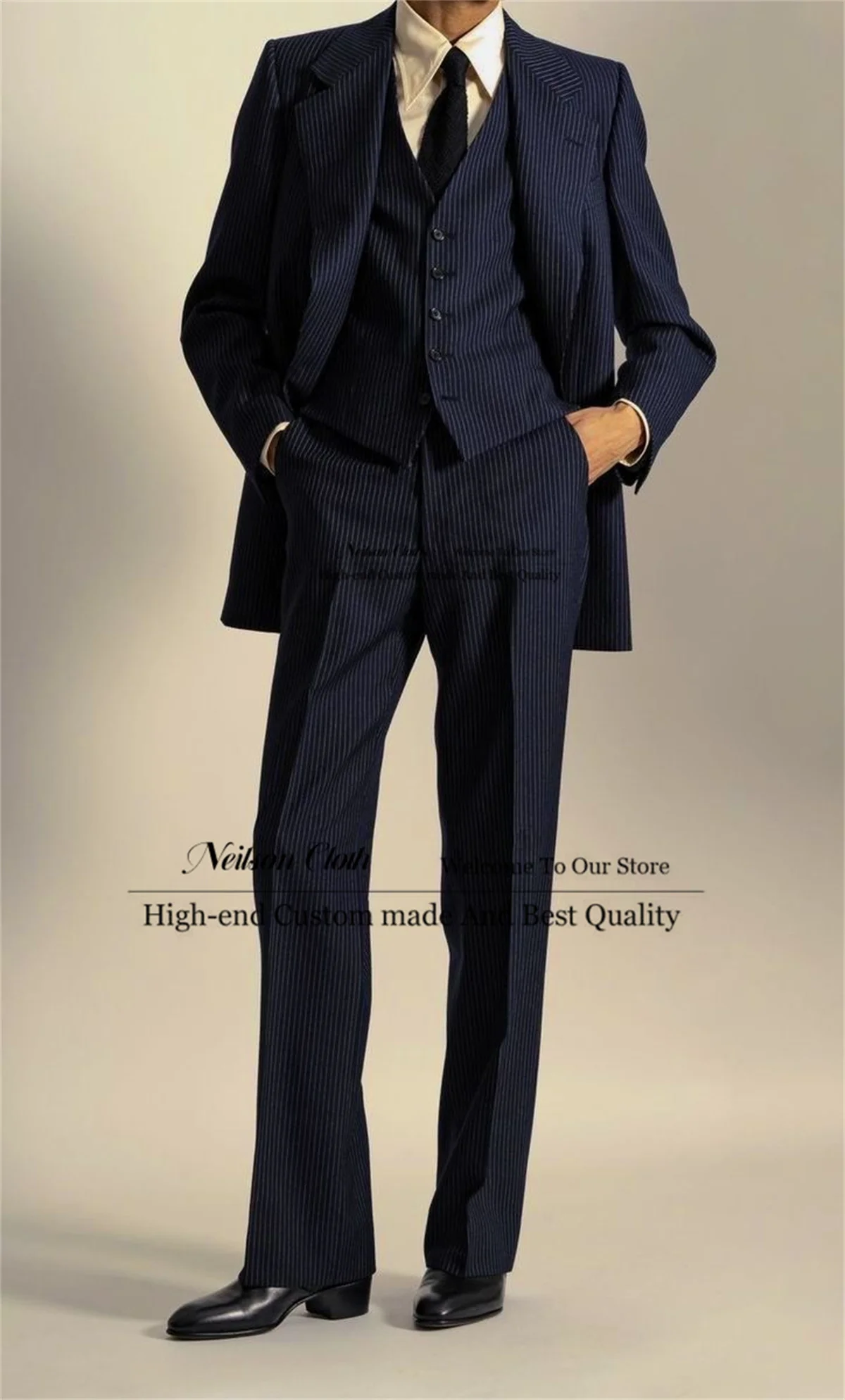 Formal Navy Blue Male Prom Blazers Customized 3 Pieces Sets Stripe Groom Wedding Tuxedos Notched Lapel Business Costume Homme
Formal Navy Blue Male Prom Blazers Customized 3 Pieces Sets Stripe Groom Wedding Tuxedos Notched Lapel Business Costume Homme