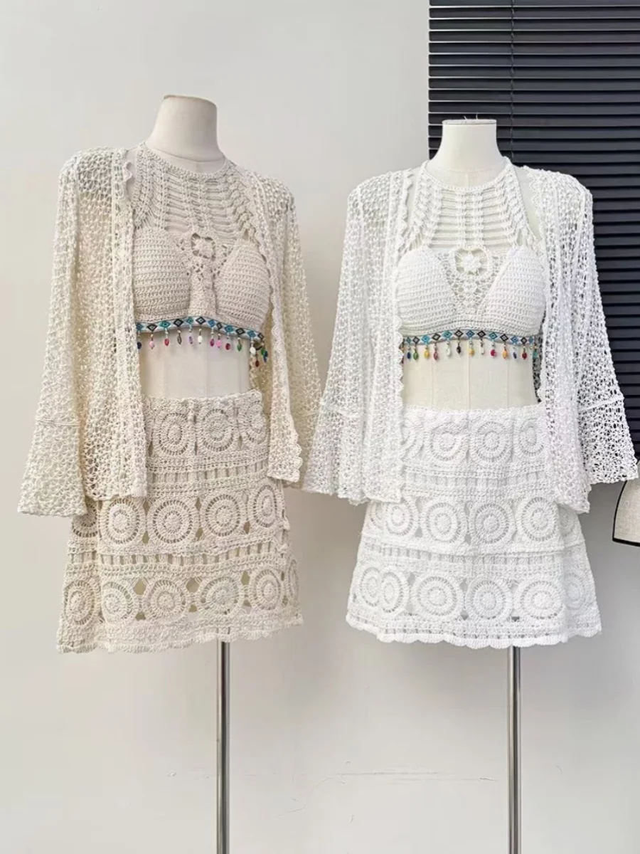 Summer Women's Three-Piece Set Hollow out Lace Vest Knitted A-Line Skirt Open Cardigan Holiday Sweet Fashion Ensemble
Summer Women's Three-Piece Set Hollow out Lace Vest Knitted A-Line Skirt Open Cardigan Holiday Sweet Fashion Ensemble
