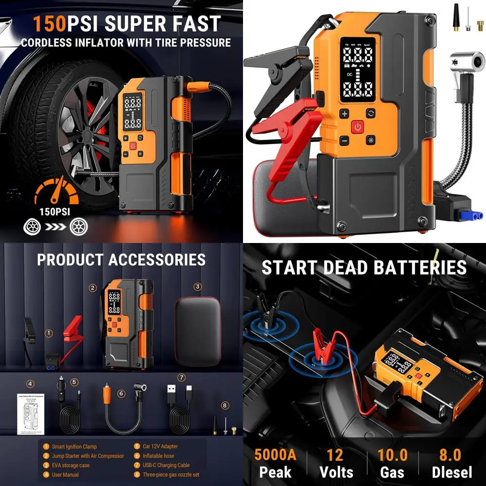 Car Battery Jump Starter with Air Compressor - 5000A 150PSI 120W Portable Car Jump Starters (All Gas/10L Diesel) with Tire Infla
Car Battery Jump Starter with Air Compressor - 5000A 150PSI 120W Portable Car Jump Starters (All Gas/10L Diesel) with Tire Infla