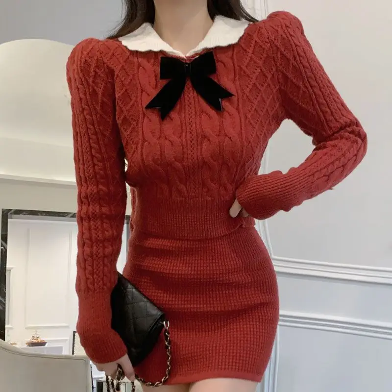 Женский консервативный стиль, осень-зима, Lucky Red, тонкий свитер, мини-юбки, комплект из двух предметов, корейский вязаный пуловер с бантом, топ, юбка, костюм
Женский консервативный стиль, осень-зима, Lucky Red, тонкий свитер, мини-юбки, комплект из двух предметов, корейский вязаный пуловер с бантом, топ, юбка, костюм