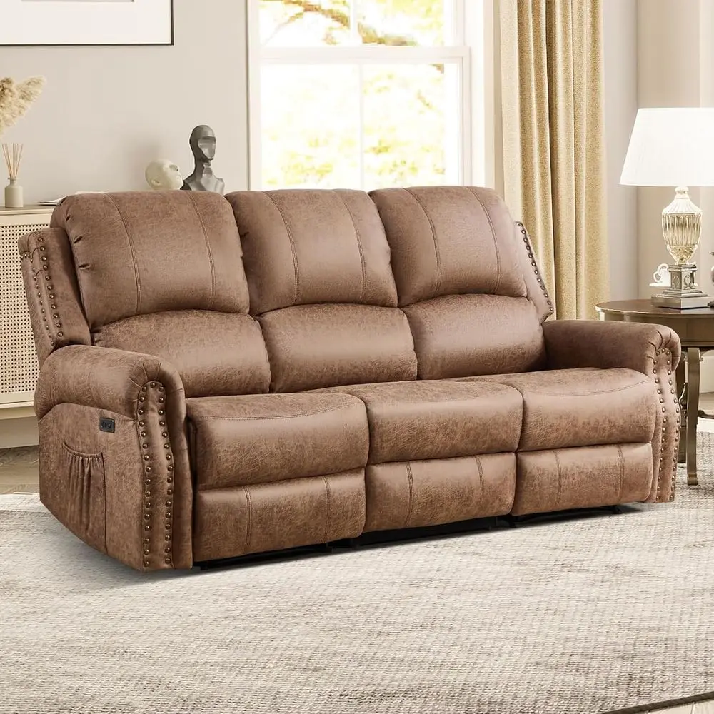 Reclining Sofa with Vintage Rivet Design for Living Room or Meeting Space in Nut Brown Leather
Reclining Sofa with Vintage Rivet Design for Living Room or Meeting Space in Nut Brown Leather