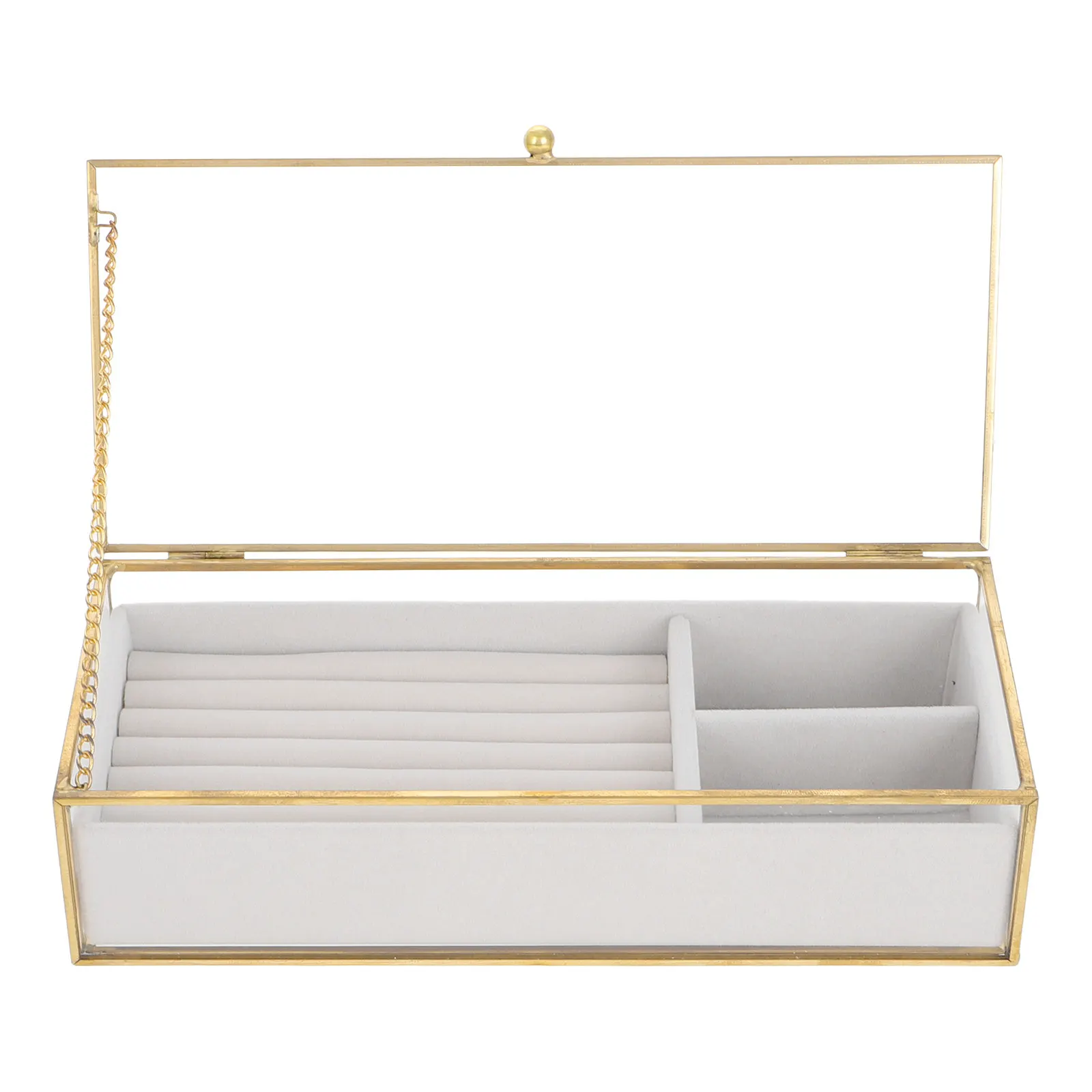 Прозрачная шкатулка для украшений для женщин с золотой рамкой и стеклянной крышкой, органайзер для хранения с отдельными отсеками для серег и отделениями для колец
Прозрачная шкатулка для украшений для женщин с золотой рамкой и стеклянной крышкой, органайзер для хранения с отдельными отсеками для серег и отделениями для колец