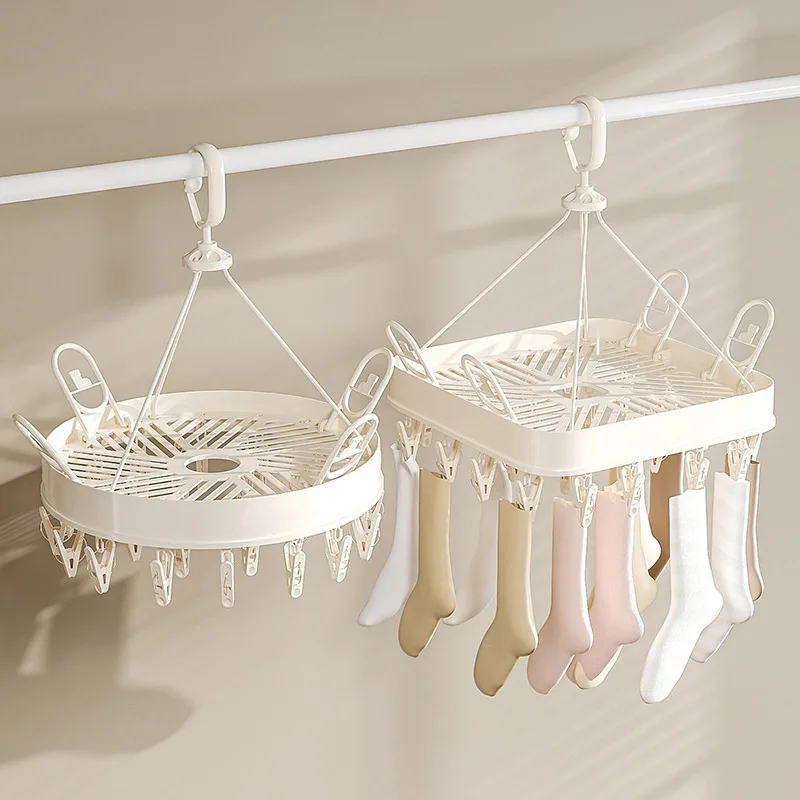Multi Functional Plastic Round Clothes Hanger with Clips Foldable Socks Underwear Drying Rack for Balcony Home