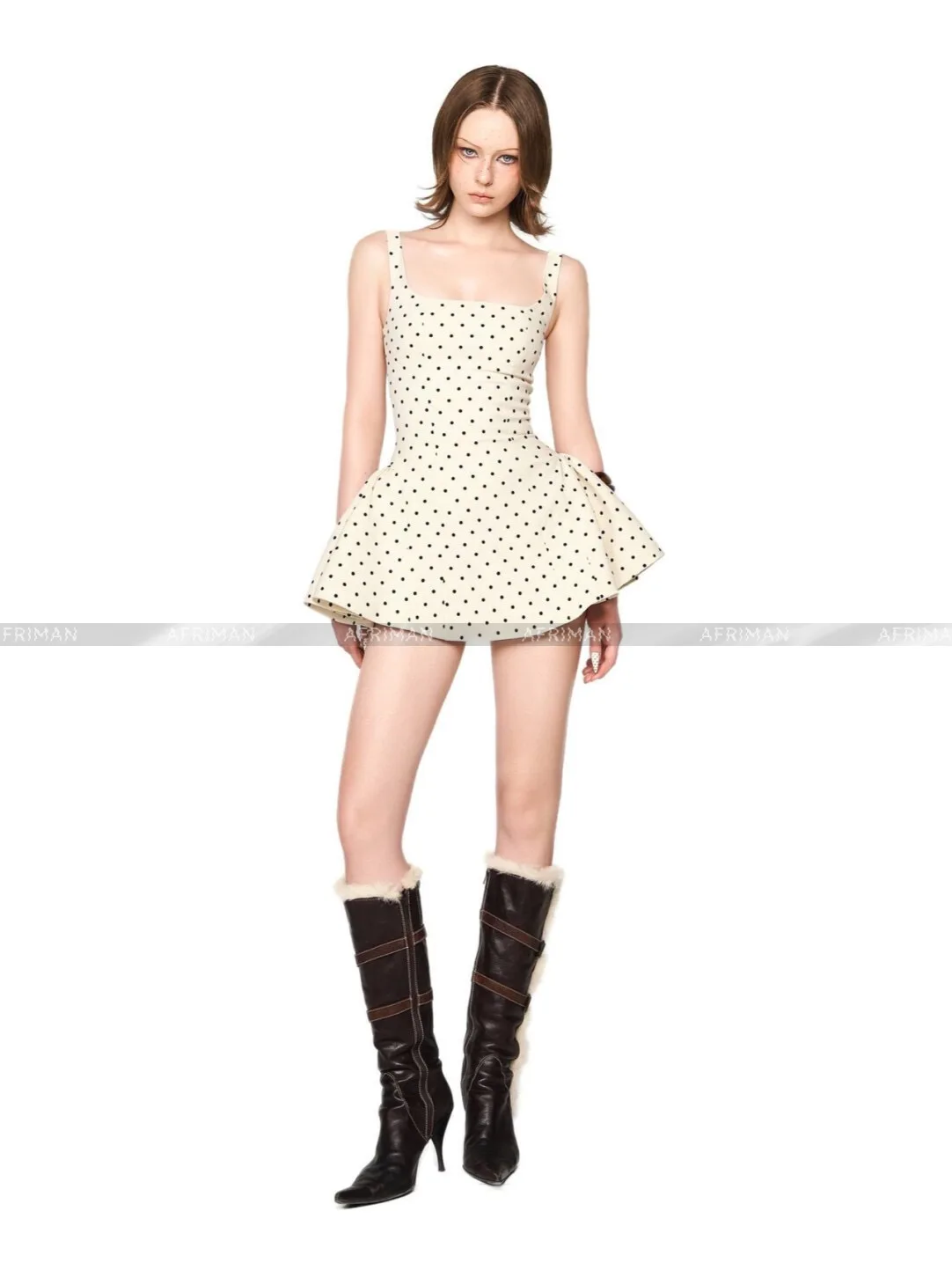Women Umbrella Shaped Silhouette Waist Square Collar Polka Dot Print Strap Mini Dress
Women Umbrella Shaped Silhouette Waist Square Collar Polka Dot Print Strap Mini Dress