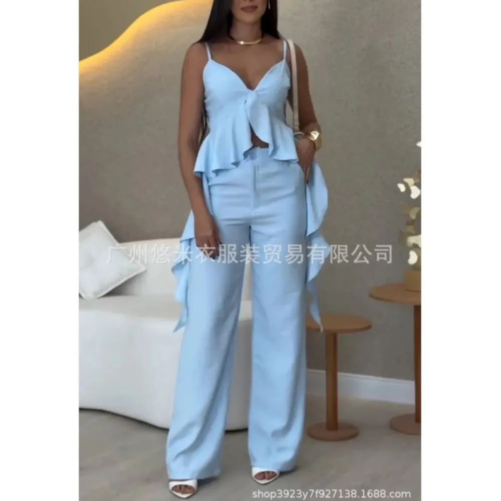 Sexy Strappy V Neck Backless Corset Women's Two Pieces Tops Trousers New Summer Fashion Elegant Ruffled Top +trousers Set Female
Sexy Strappy V Neck Backless Corset Women's Two Pieces Tops Trousers New Summer Fashion Elegant Ruffled Top +trousers Set Female