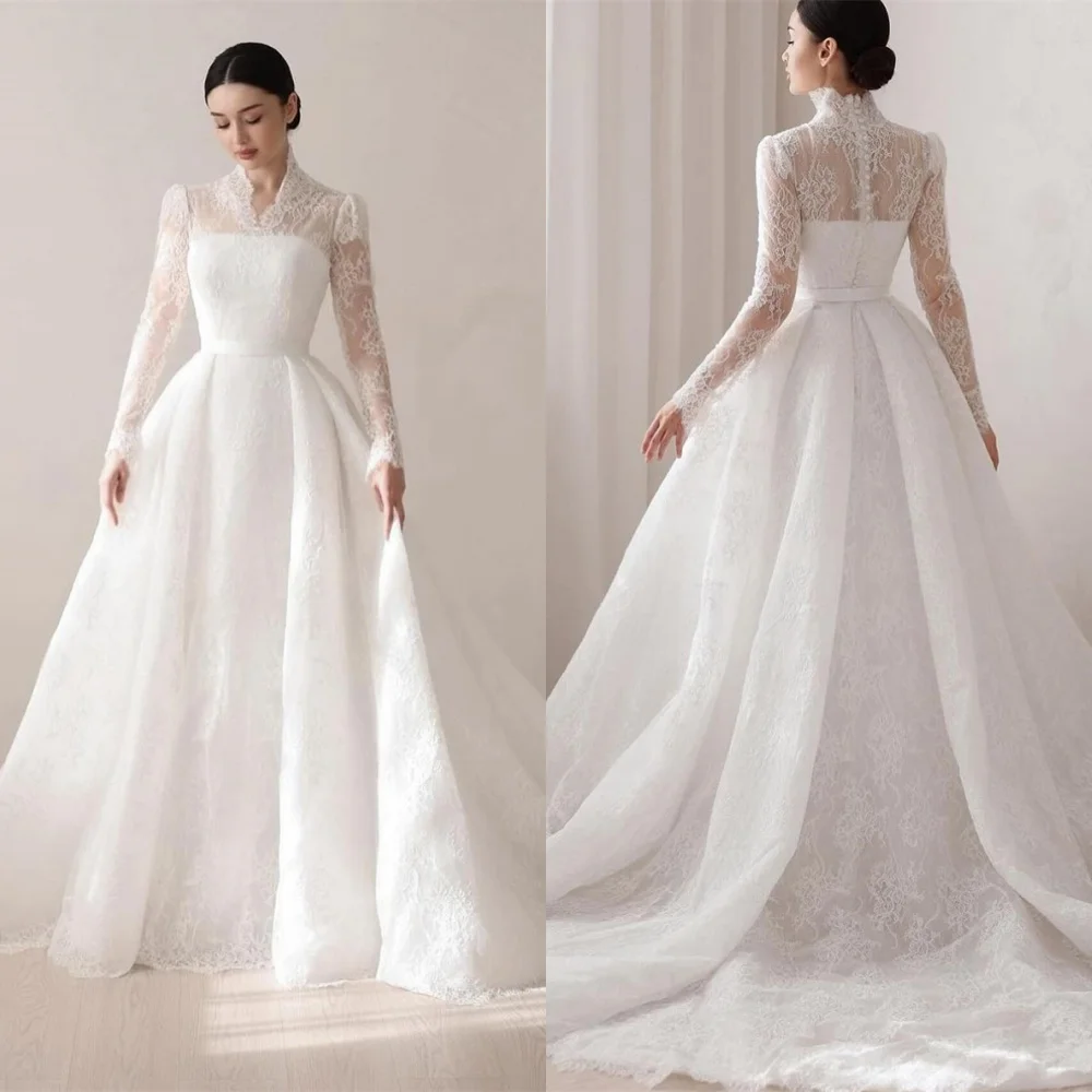 Customized High Quality White Satin Wedding Dress Temperament Lace V-Neck Long Sleeves Chapel Train A-Line Bridal Gowns
Customized High Quality White Satin Wedding Dress Temperament Lace V-Neck Long Sleeves Chapel Train A-Line Bridal Gowns