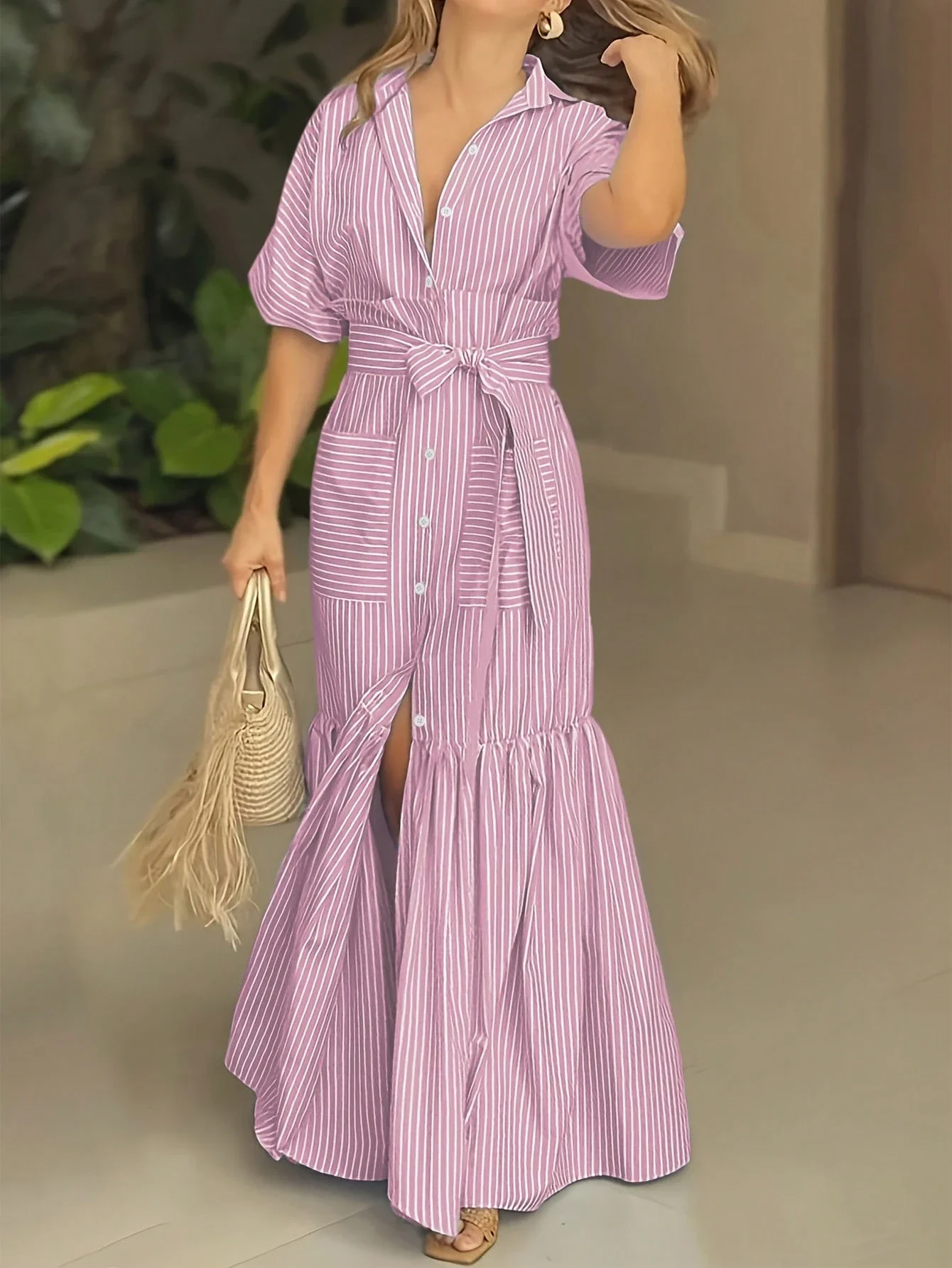 Womens Striped Shirt Dress With Belt, Casual Elegant Long Maxi Dress For Summer Vacation
Womens Striped Shirt Dress With Belt, Casual Elegant Long Maxi Dress For Summer Vacation