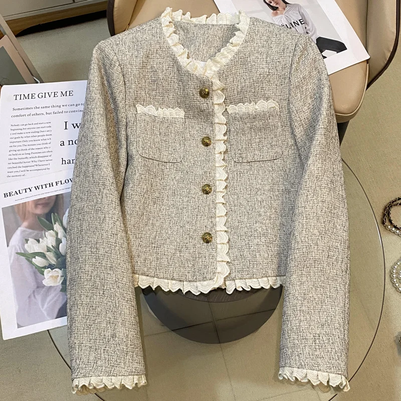 Round Neck Lace Sweet Short Coat Women's Spring and Autumn New Small Fragrance Basic Thin Tweed Long Sleeve Coat Female
Round Neck Lace Sweet Short Coat Women's Spring and Autumn New Small Fragrance Basic Thin Tweed Long Sleeve Coat Female