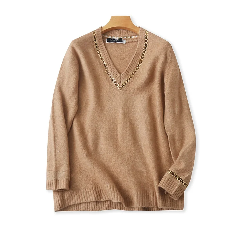 Women's V-Ne Long Sve Knitted Sweater Metal Ring Hollow out Faionable All-Match Autumn Winter New Sle Overhead Top
Women's V-Ne Long Sve Knitted Sweater Metal Ring Hollow out Faionable All-Match Autumn Winter New Sle Overhead Top