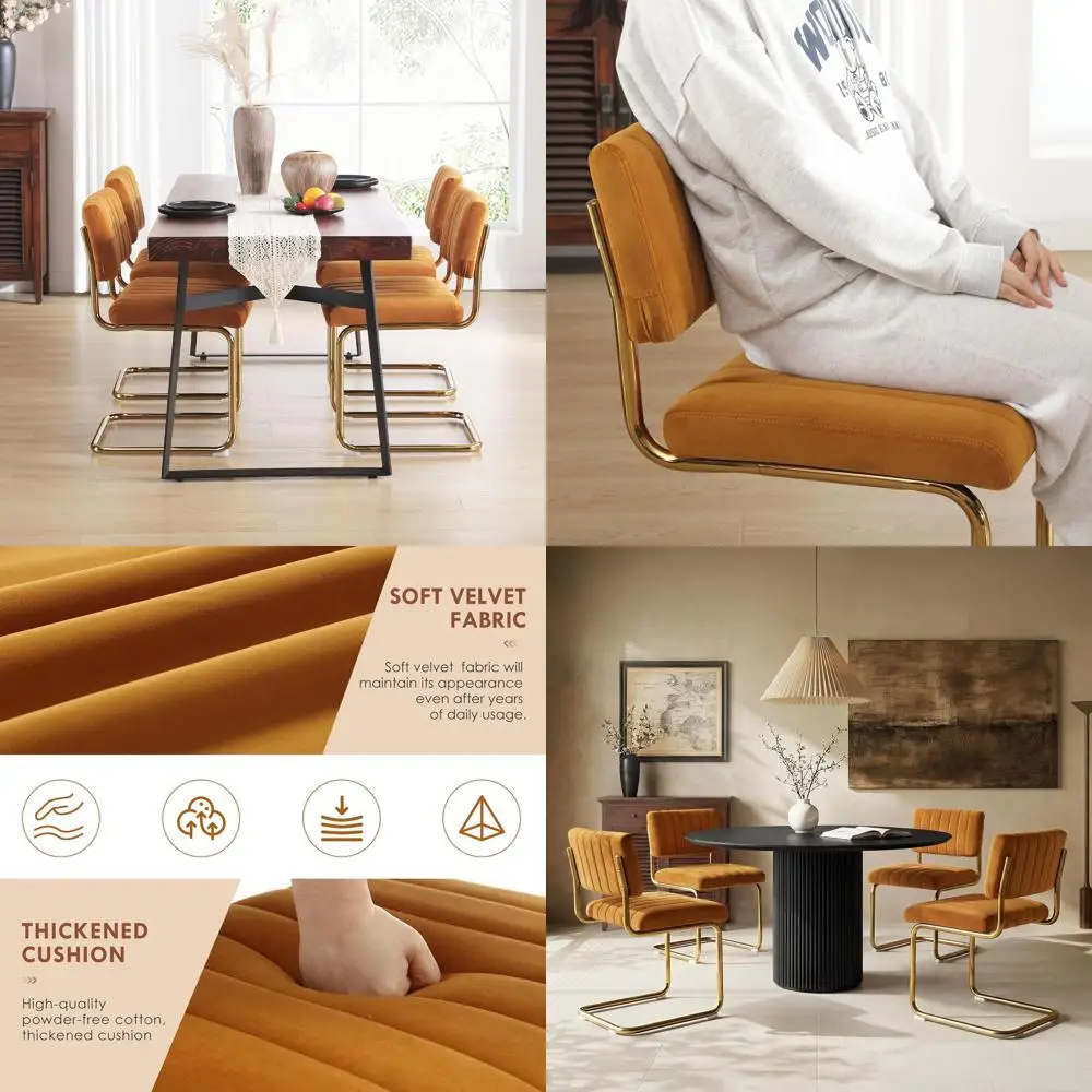 Orange Velvet Dining Chairs Set o 4, Upholstered Kitchen Dining Room Chairs, Comy Chair with Gold Metal Legs, Cantilevered Desig
Orange Velvet Dining Chairs Set o 4, Upholstered Kitchen Dining Room Chairs, Comy Chair with Gold Metal Legs, Cantilevered Desig