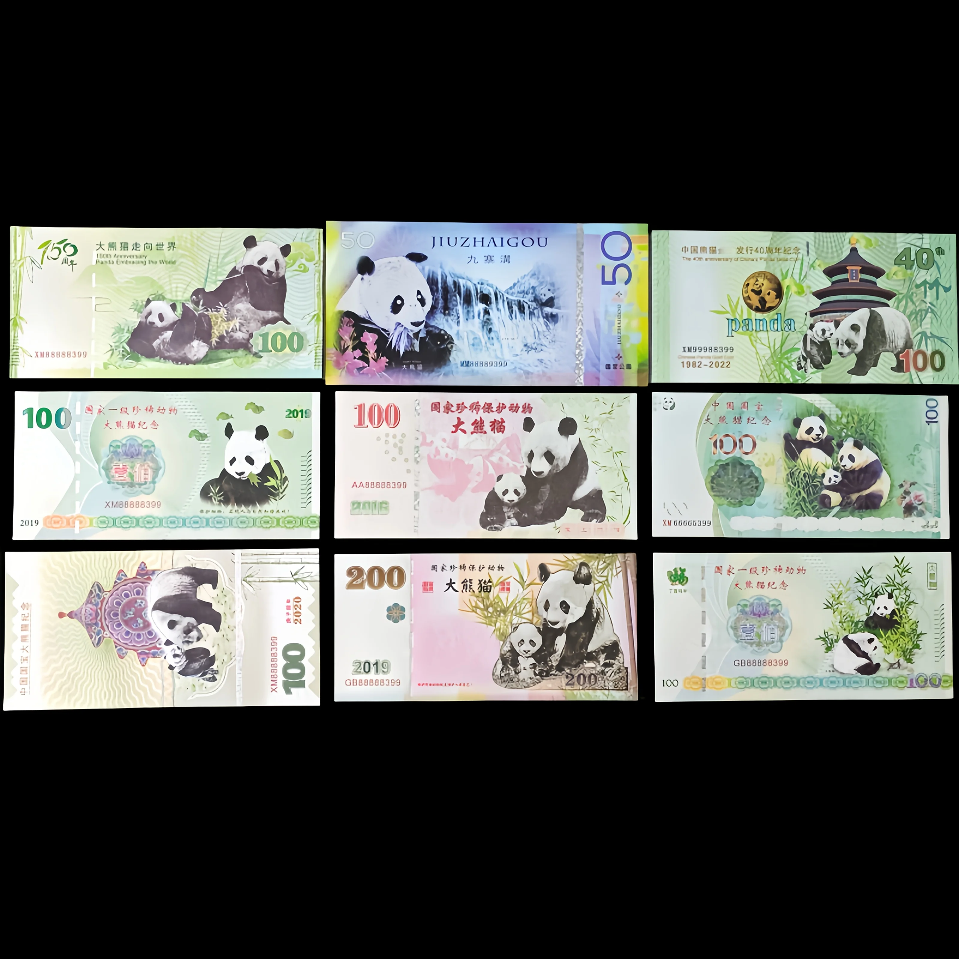 9 pieces/set of Chinese Panda commemorative banknotes with serial numbers, non circulating currency, creative collectibles set
9 pieces/set of Chinese Panda commemorative banknotes with serial numbers, non circulating currency, creative collectibles set