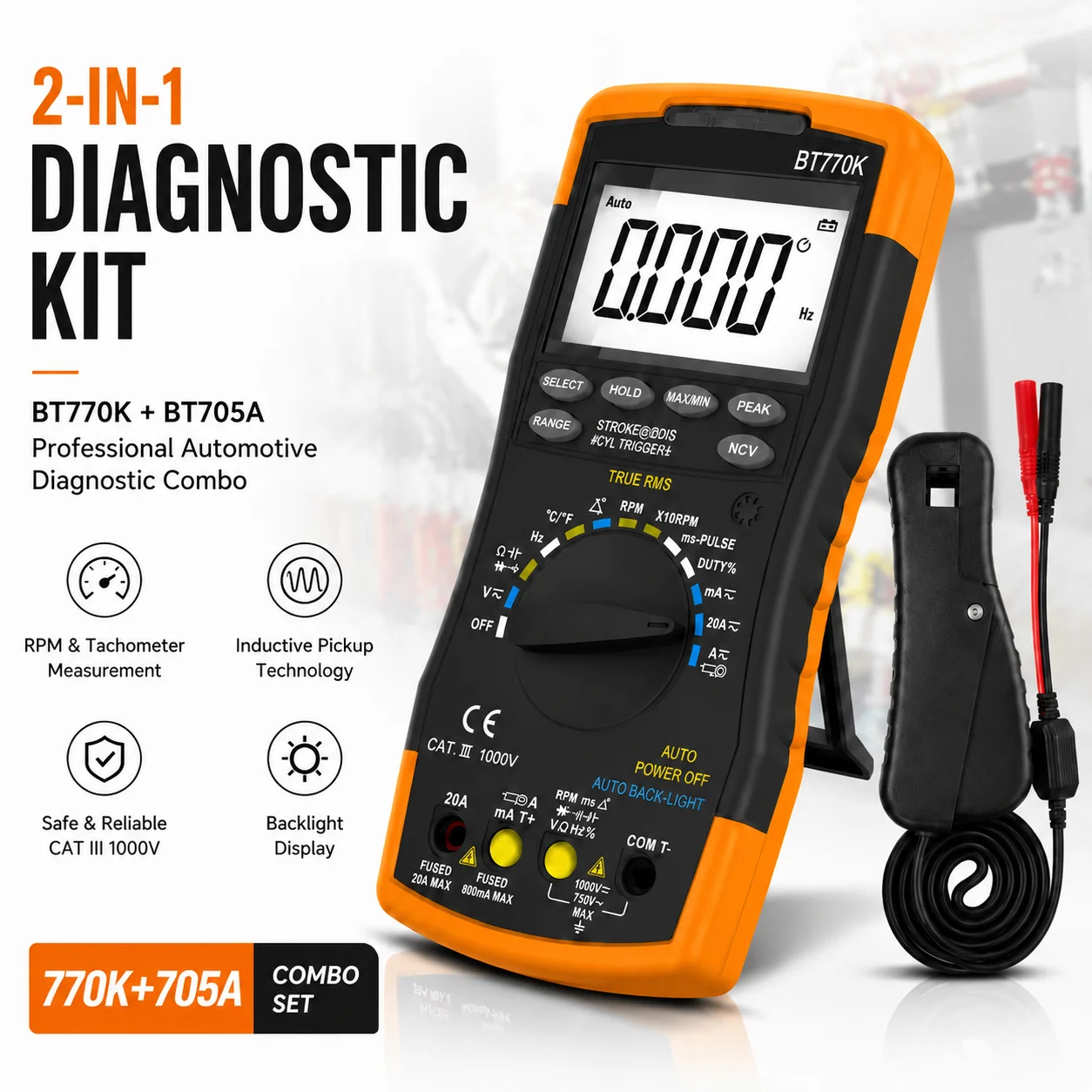 Digital Automotive Multimeter & Signal Pick Up Inductive Clamp Set, Smart Multimeter for AC/DC Voltage, Current, Dwell Angle
Digital Automotive Multimeter & Signal Pick Up Inductive Clamp Set, Smart Multimeter for AC/DC Voltage, Current, Dwell Angle