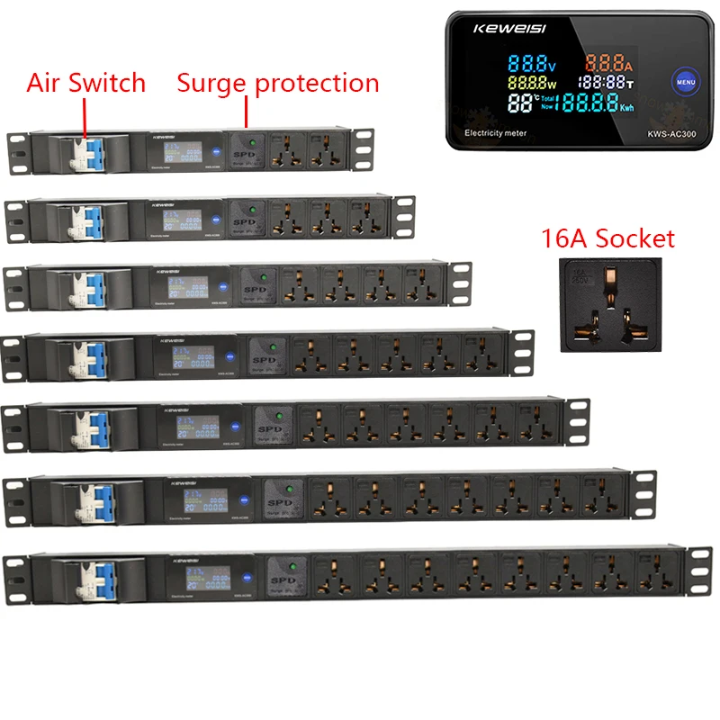 Digital voltage measuring instrument for surge protection of 2-7-way universal socket with 16A power strip for network cabinet
Digital voltage measuring instrument for surge protection of 2-7-way universal socket with 16A power strip for network cabinet