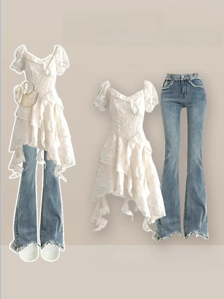 Summer Casual High Waist Asymmetrical Dress And Slimming Micro Flare Jeans Two Piece Set Women's Gentle Style Clothing
Summer Casual High Waist Asymmetrical Dress And Slimming Micro Flare Jeans Two Piece Set Women's Gentle Style Clothing