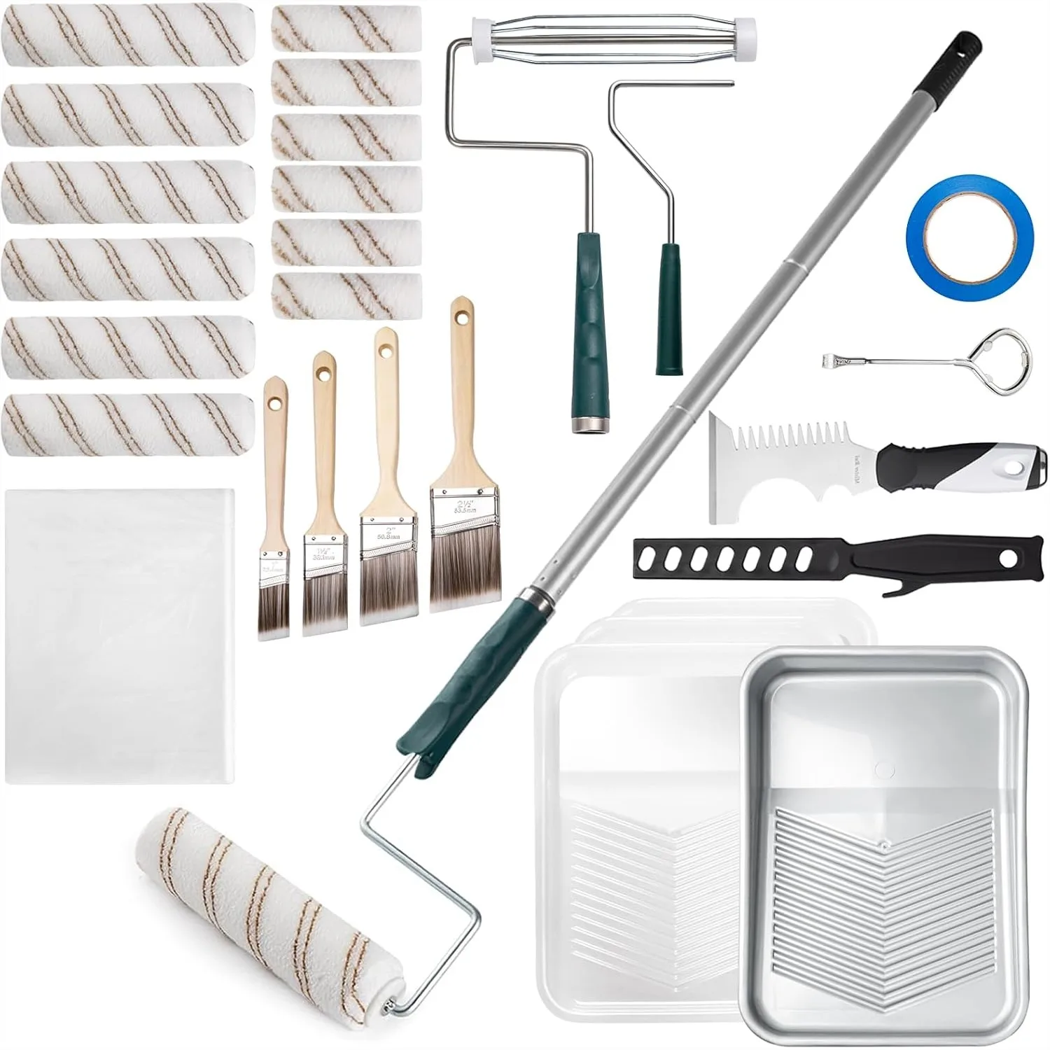 28 Pack Paint Roller Kit with Extension Pole, 4" & 9" Rollers, Tray, Brushes, Painting Supplies for Walls and Ceilings
28 Pack Paint Roller Kit with Extension Pole, 4" & 9" Rollers, Tray, Brushes, Painting Supplies for Walls and Ceilings