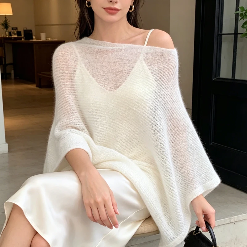 Casual Solid Color Knitted Blouses Sheer Knit Poncho Top Loose Fit Knitwaer Off Shoulder Cape Blouse Elegant Layering Cover Up
Casual Solid Color Knitted Blouses Sheer Knit Poncho Top Loose Fit Knitwaer Off Shoulder Cape Blouse Elegant Layering Cover Up