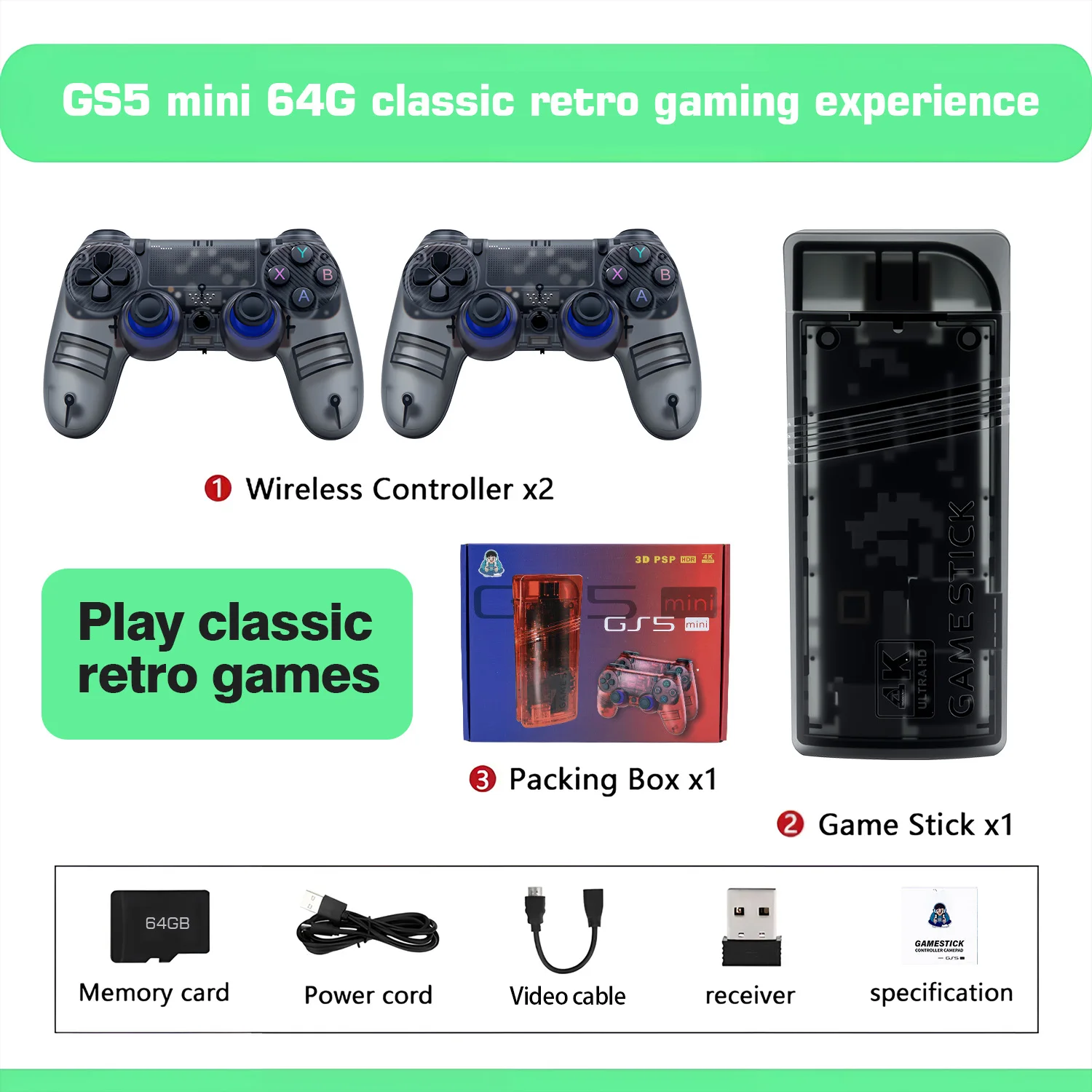The GS5mini retro game console features dual wireless controllers, supports 4K high-definition output, and two-player gaming.
The GS5mini retro game console features dual wireless controllers, supports 4K high-definition output, and two-player gaming.