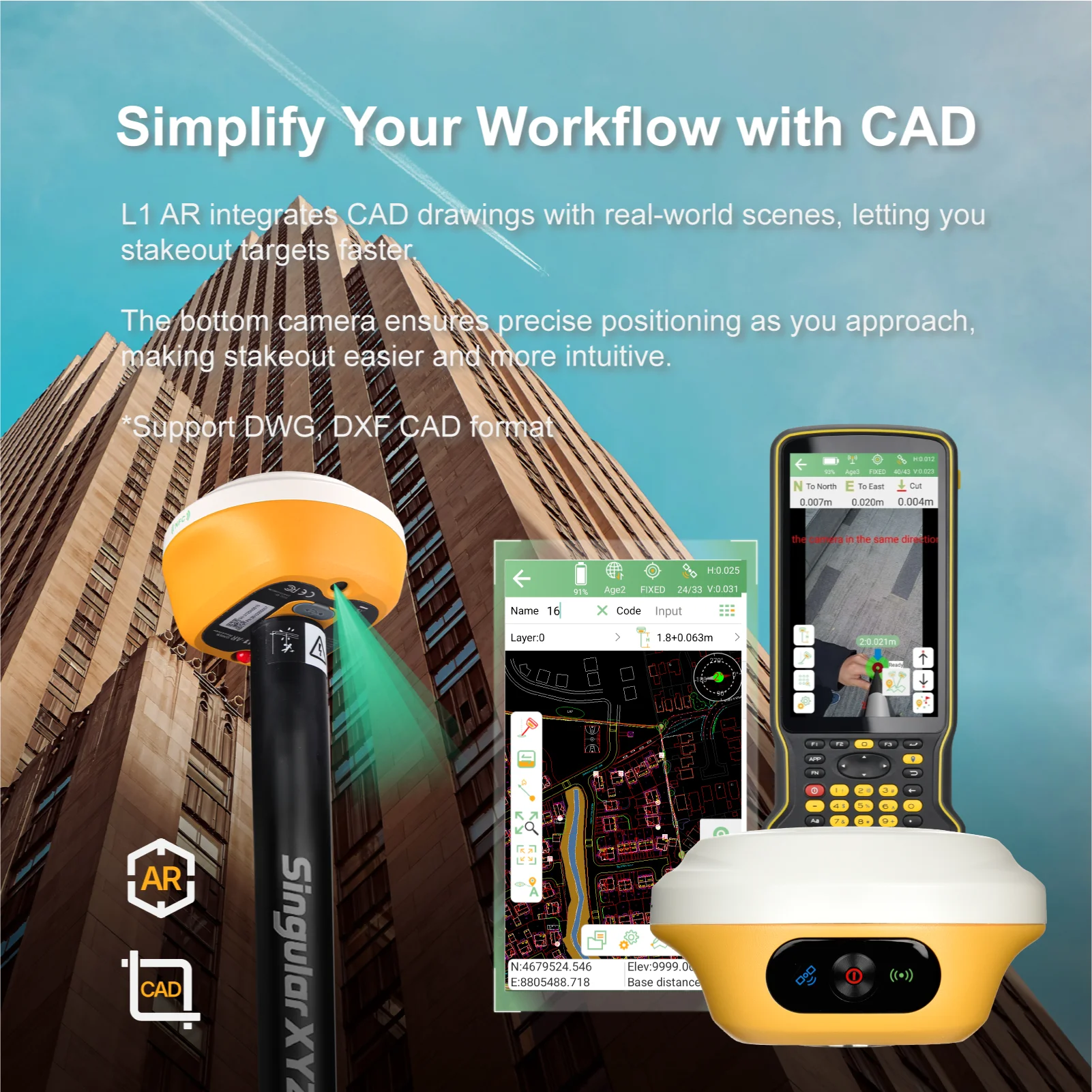 SingularXYZ L1 AR GNSS Receiver with IMU Tilt Survey, ROVER, Camera & Visual Stakeout RTK Precision Surveying And Mapping
SingularXYZ L1 AR GNSS Receiver with IMU Tilt Survey, ROVER, Camera & Visual Stakeout RTK Precision Surveying And Mapping