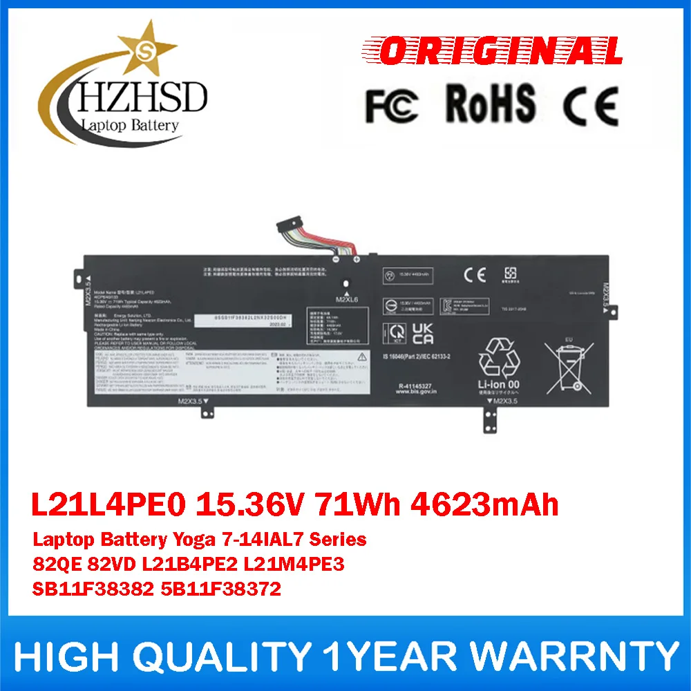 L21L4PE0 15.36V 71Wh Genuine Original Laptop Battery For Lenovo Yoga 7-14IAL7 82QE 82VD L21B4PE2 L21M4PE3 SB11F38382 5B11F38372
L21L4PE0 15.36V 71Wh Genuine Original Laptop Battery For Lenovo Yoga 7-14IAL7 82QE 82VD L21B4PE2 L21M4PE3 SB11F38382 5B11F38372