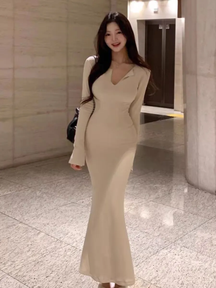 All-match Chic Turn-down Collar Long-sleeved Bodycon Maxi Dress For Woman Spring Summer Solid Pullover Sweetheart Bottoming
All-match Chic Turn-down Collar Long-sleeved Bodycon Maxi Dress For Woman Spring Summer Solid Pullover Sweetheart Bottoming