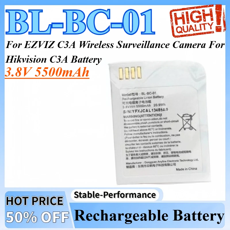 3.8V 5500mAh C3A Rechargeable Lithium Battery BL-BC-01 For EZVIZ C3A Wireless Surveillance Camera For Hikvision C3A Battery
3.8V 5500mAh C3A Rechargeable Lithium Battery BL-BC-01 For EZVIZ C3A Wireless Surveillance Camera For Hikvision C3A Battery