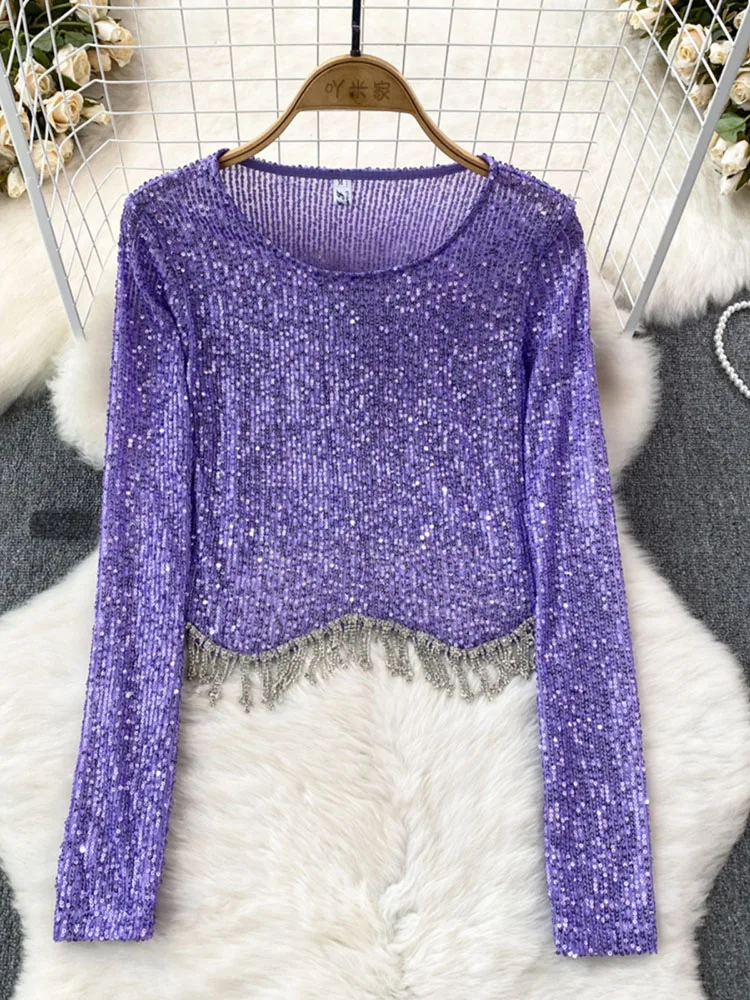 Fashion Sexy Temperament Long Sleeved Women's Clothing European Style Loose Casual O-Neck Sparkling Sequin Tassel Short T-shirt
Fashion Sexy Temperament Long Sleeved Women's Clothing European Style Loose Casual O-Neck Sparkling Sequin Tassel Short T-shirt