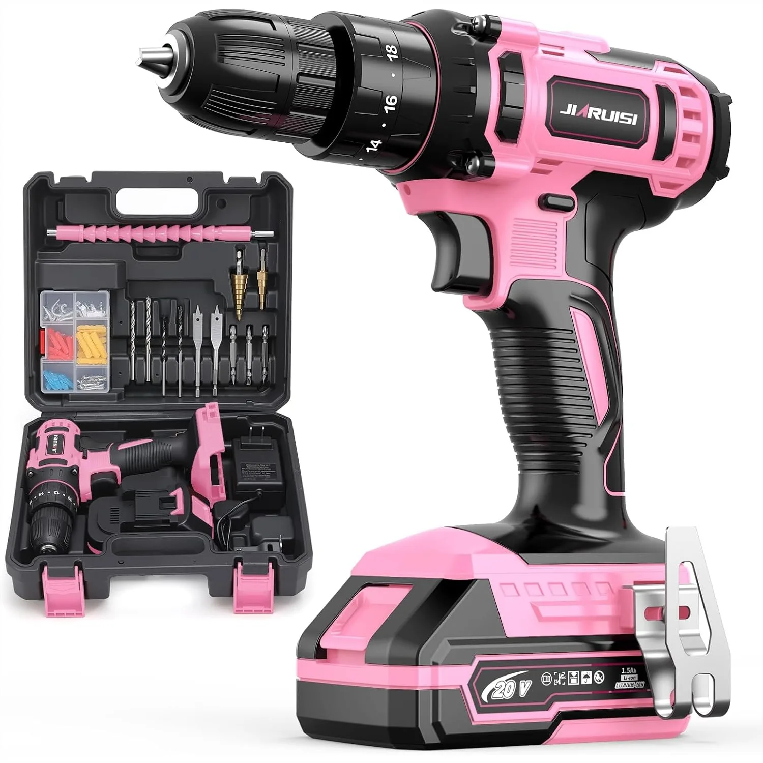 Pink 20V Cordless Drill Set with 2 Variable Speeds, 3/8" Keyless Chuck, 72pcs Accessories & Carrying Case for Home DIY
Pink 20V Cordless Drill Set with 2 Variable Speeds, 3/8" Keyless Chuck, 72pcs Accessories & Carrying Case for Home DIY
