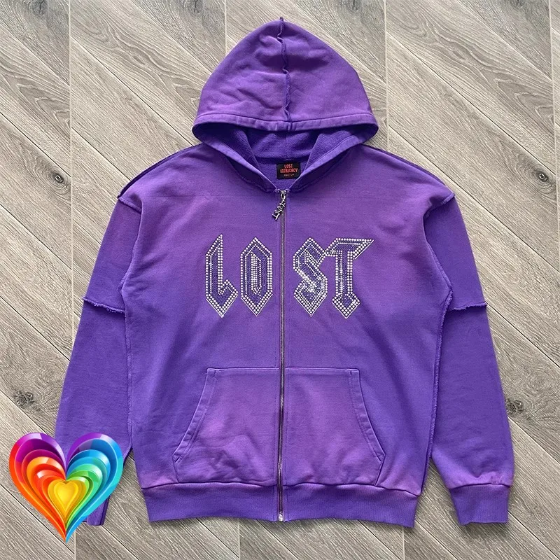 Colorful Rhinestone Embroidery Logo Lost Intricacy Washed Purple Zipper Hoodie Splice Sweatshirts Men Women Oversized Pullovers
Colorful Rhinestone Embroidery Logo Lost Intricacy Washed Purple Zipper Hoodie Splice Sweatshirts Men Women Oversized Pullovers