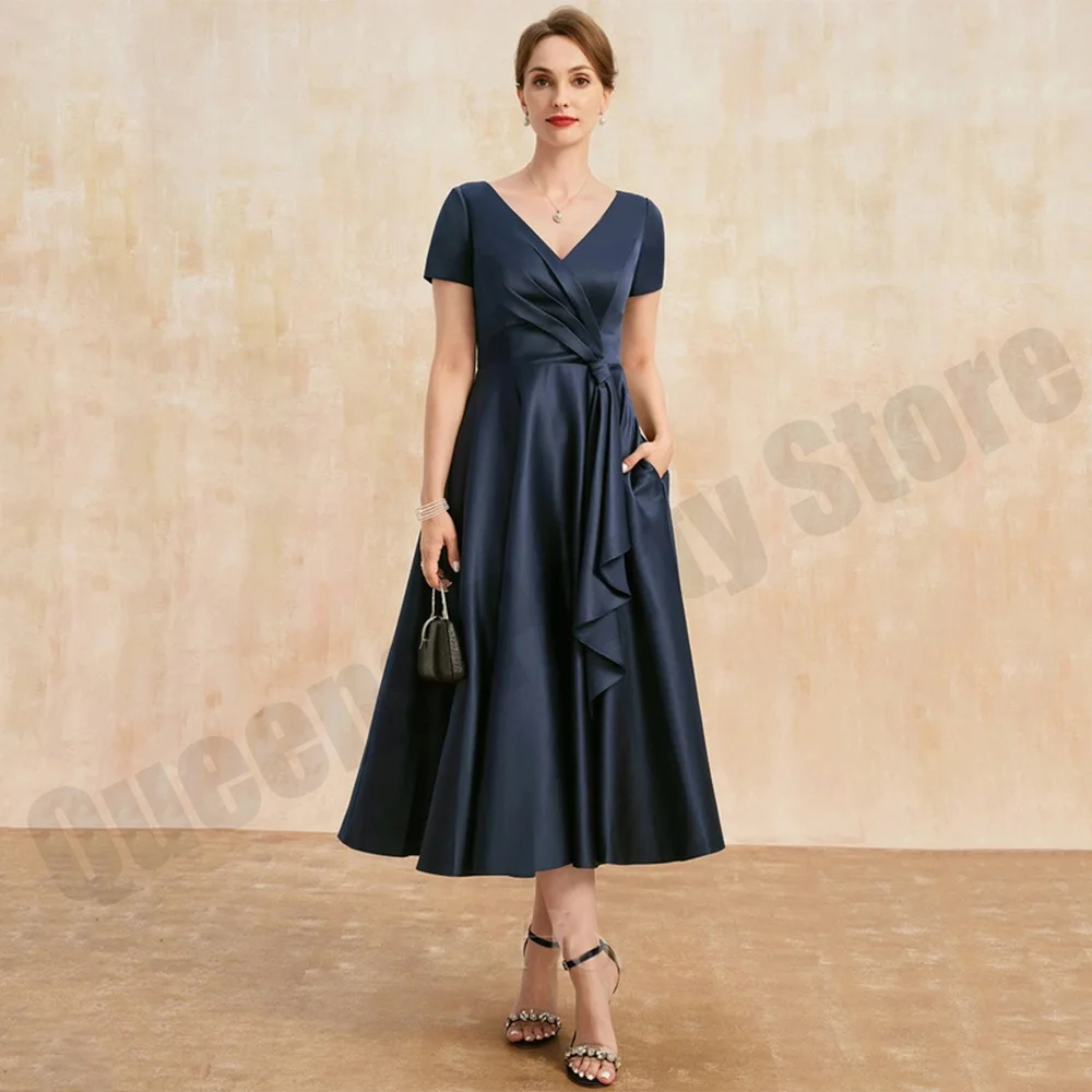 Short Sleeves V Neck Mother of The Bride Dress Simple Pleat Tea Length A Line Satin Party Dresses Wedding Guest Gown with Pocket
Short Sleeves V Neck Mother of The Bride Dress Simple Pleat Tea Length A Line Satin Party Dresses Wedding Guest Gown with Pocket