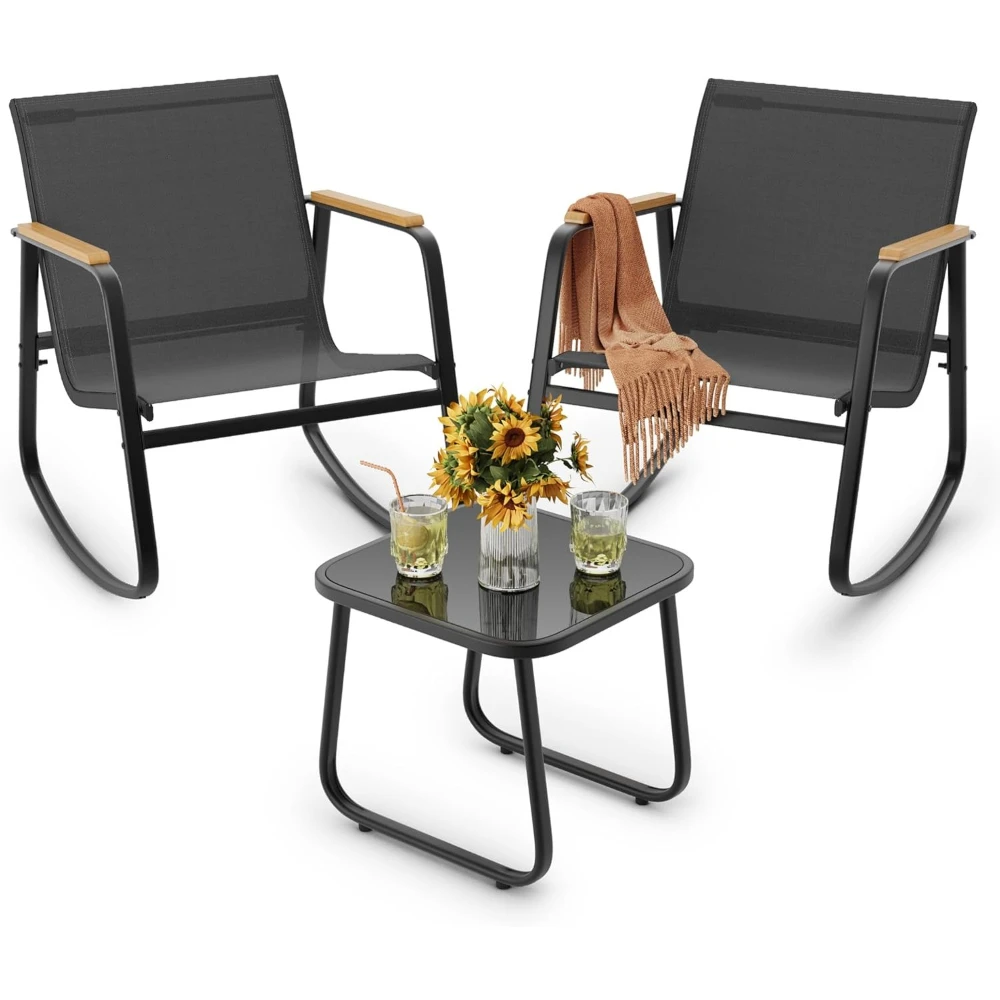 3-Piece Patio Furniture Set, Textilene Outdoor Rocking Bistro Set with Wood Armrests & Coffee Table for Lawn Porch Poolside
3-Piece Patio Furniture Set, Textilene Outdoor Rocking Bistro Set with Wood Armrests & Coffee Table for Lawn Porch Poolside
