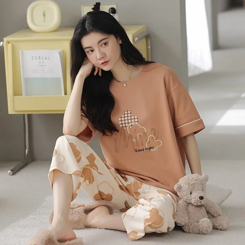 Cartoon Cute 100% Cotton Sleepwear for Women Summer Short Sleeping Top Calf-Pant Homewear Big Size M-2XL Pjs Pyjamas Female
Cartoon Cute 100% Cotton Sleepwear for Women Summer Short Sleeping Top Calf-Pant Homewear Big Size M-2XL Pjs Pyjamas Female