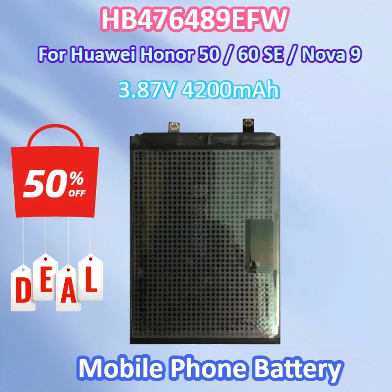 Brand New HB476489EFW 3.87V 4200mAh Mobile Phone Battery for Huawei Honor 50 / Honor 60 SE / Nova 9/NAM-AL00 /NTH-AL00 /GIA-AN00
Brand New HB476489EFW 3.87V 4200mAh Mobile Phone Battery for Huawei Honor 50 / Honor 60 SE / Nova 9/NAM-AL00 /NTH-AL00 /GIA-AN00