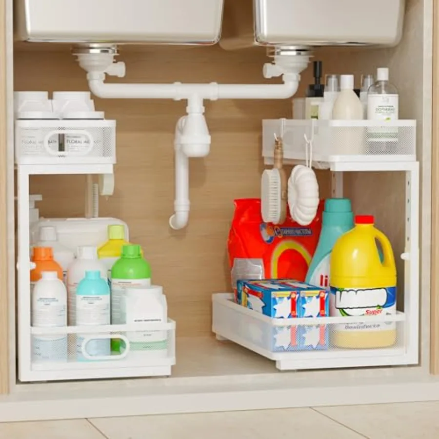 Under Sink Organizer 2 Pack, 2-Tier Slide Out Cabinet Organizer with Metal Sliding Drawer and Hooks, Pull Out Storage Baskets f
Under Sink Organizer 2 Pack, 2-Tier Slide Out Cabinet Organizer with Metal Sliding Drawer and Hooks, Pull Out Storage Baskets f