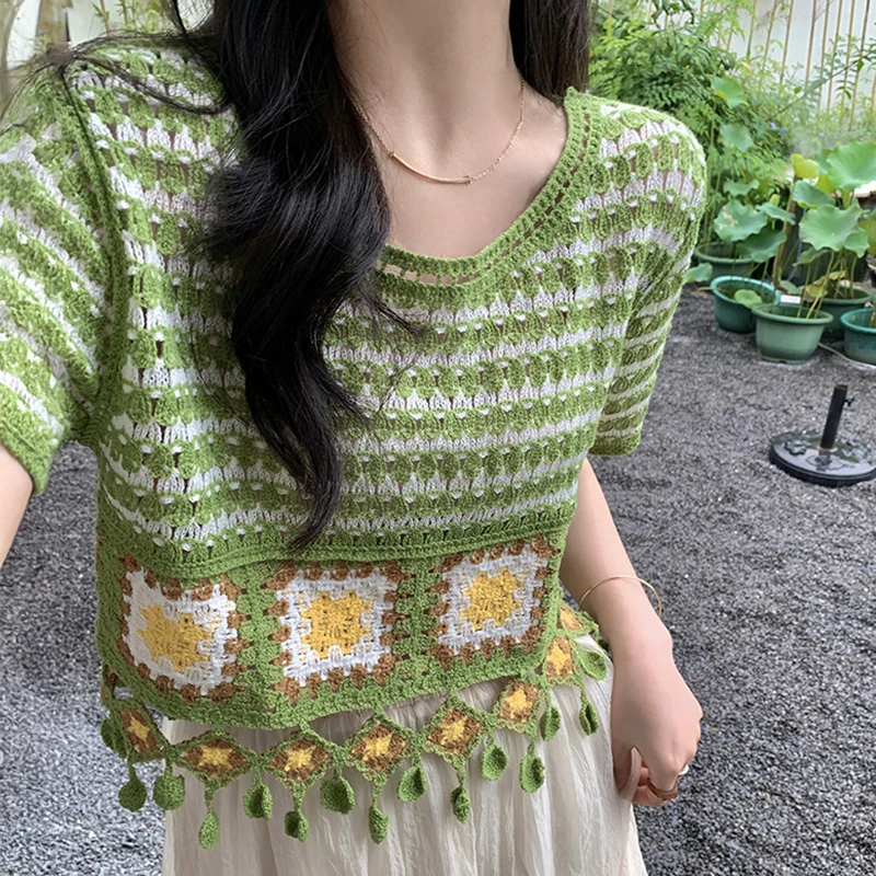 Fringed Granny Squares Crochet Top Short Sleeve Openwork Knit Top Women Summer Fairycore Cottagecore Vintage Beach Outfit
Fringed Granny Squares Crochet Top Short Sleeve Openwork Knit Top Women Summer Fairycore Cottagecore Vintage Beach Outfit