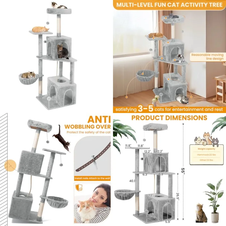 54 Inch Multi-Level Cat Tree Tower with Hammock, Condos and Scratching Posts, Large Cat Furniture for Indoor Cats with Pompoms,
54 Inch Multi-Level Cat Tree Tower with Hammock, Condos and Scratching Posts, Large Cat Furniture for Indoor Cats with Pompoms,