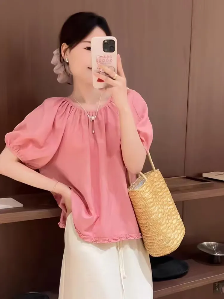 Pink Ruffle Sleeve Shirt Women's Commute Style Age-Defying Doll Top Loose Thin Summer Casual Shirt Korean Version round Neck
Pink Ruffle Sleeve Shirt Women's Commute Style Age-Defying Doll Top Loose Thin Summer Casual Shirt Korean Version round Neck