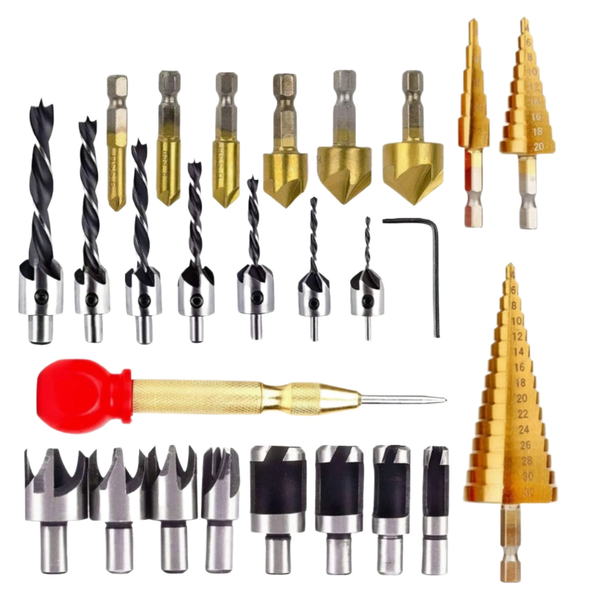 26 pcs woodworking three-pointed drill, five-blade chamferor, cork drill Drill bit combination set, pagoda drill, center punch
26 pcs woodworking three-pointed drill, five-blade chamferor, cork drill Drill bit combination set, pagoda drill, center punch